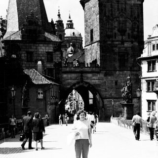 Historic stone bridge with medieval architecture and pedestrians.