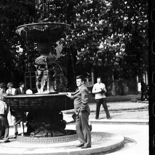 People gathered around ornate fountain in park.
