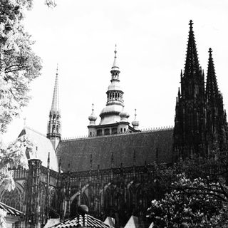 Gothic cathedral with spires and domes.