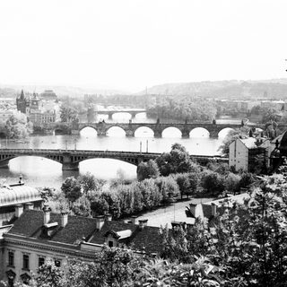 Historic Prague bridge over the Vltava River.
