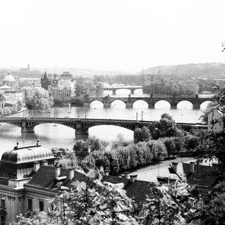Historic Prague bridge over the Vltava River.