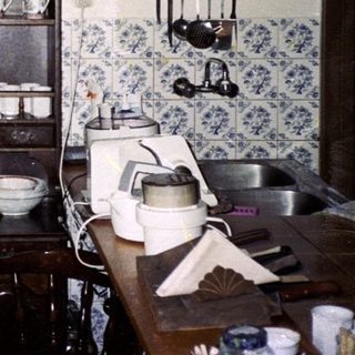 Two people standing in a vintage kitchen with retro decor.