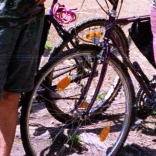 Two men posing with bicycles in a forested area.