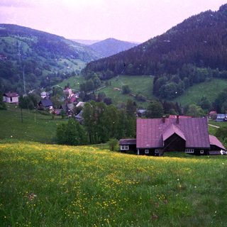 Rural village nestled in green mountain valley.