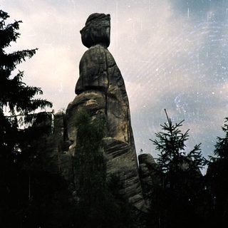 Rock formations resembling human-like figures in forest.