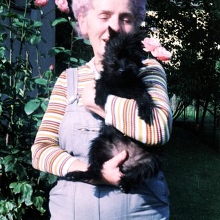 Woman holding black cat amid blooming roses.