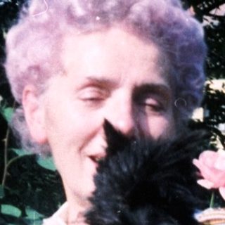 Woman holding black cat amid blooming roses.