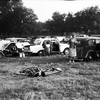 Vintage cars parked in grassy field with people.