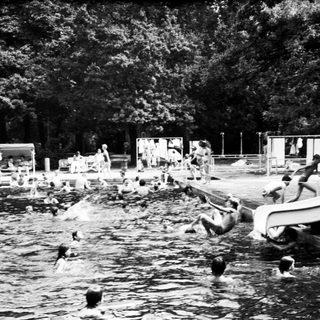 Busy outdoor swimming pool with people swimming and sliding.