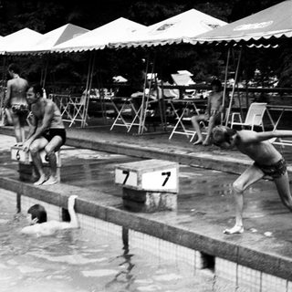 Swimmers warming up at poolside blocks.