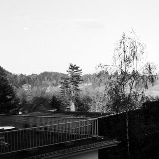 Mountainous landscape with forested valley and snow-capped peaks.