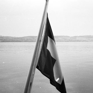 Black and white flag near calm water.