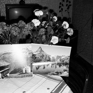 Vintage interior with flowers, old TV, mountain postcards.