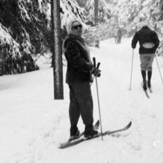 Two people cross-country skiing through snow-covered forest.