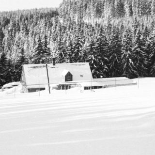 Snow-covered forest, village buildings, and open field.
