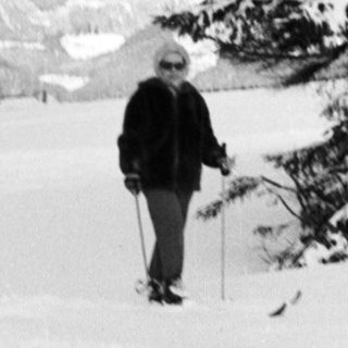 Person cross-country skiing in snowy forest.