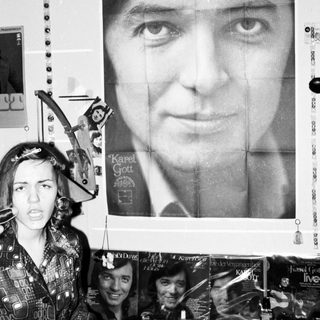 Collage art featuring Karel Gott portrait and fragmented images.