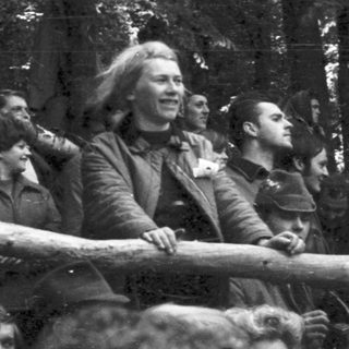 Group of people in forest, likely soldiers, riding in open truck.
