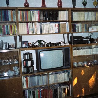Vintage wooden bookshelf with books, old CRT TV, and miscellaneous items.