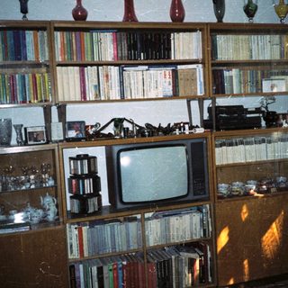 Vintage wooden bookshelf with books, old CRT TV, and miscellaneous items.
