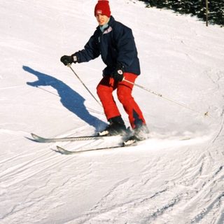 Person skiing down snowy slope in winter gear.