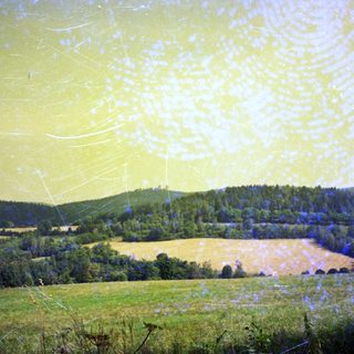 Rural landscape with fields, hills, and forest.