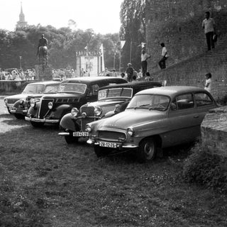 Classic cars parked on grassy hillside during vintage rally event.