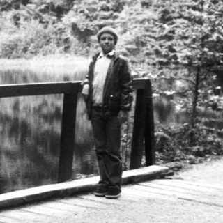 Person standing on bridge near forested waterfall.