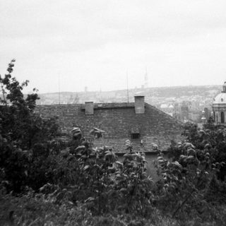 Historic cityscape with church tower and rooftops.