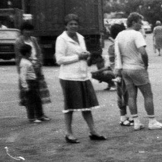 Small shuttle bus loading passengers in parking area.