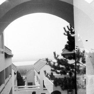Archway view of residential buildings and trees.