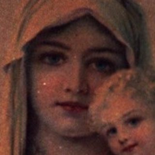 "Religious painting of Virgin Mary holding baby Jesus."