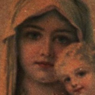"Religious painting of Virgin Mary holding baby Jesus."