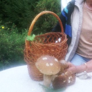 Two elderly women smiling outdoors by a table with basket.