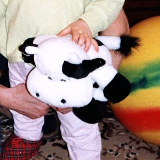 A woman holding a toddler with a cow plush toy.
