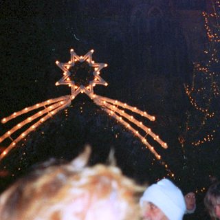 Fireworks display over illuminated Christmas tree.