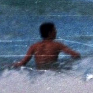 Coastal scene with swimmer and people by waterfront.