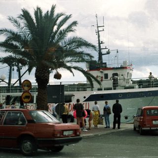 Ferry port with passengers, vehicles, and tropical scenery.