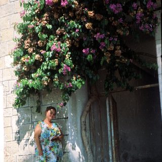 Woman in floral dress posing near blooming wall.