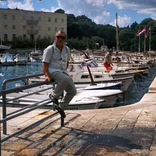 Marina dock with boats, man posing.