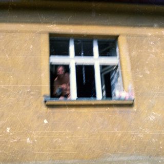 Person peering out from a barred window.