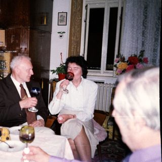 Celebratory gathering with elderly couple enjoying wine.