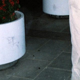 Two elderly people smiling together outdoors at night.
