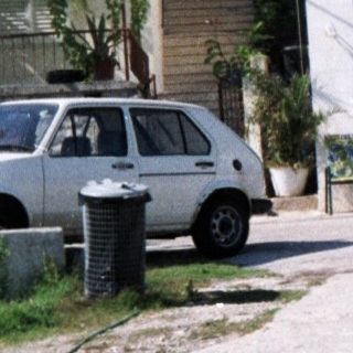 Woman using hosepipe in sunny residential area.