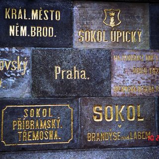 Memorial plaques for Czech Sokol gymnastic societies.