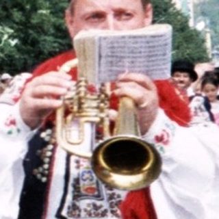 Band in traditional uniforms playing outdoors during parade.
