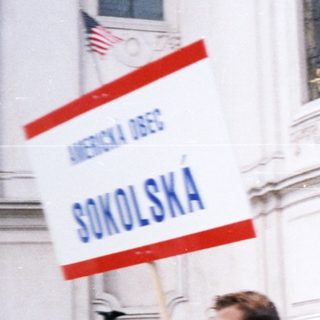 Protest rally with American and Sokols flags.