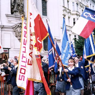 Group marching with regional flags in parade.