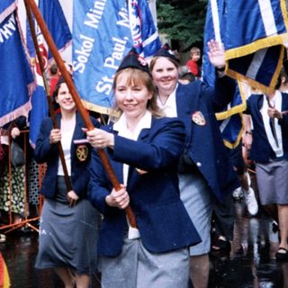 Group marching with regional flags in parade.
