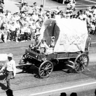 Historic parade featuring decorated oxen and vintage wagon.